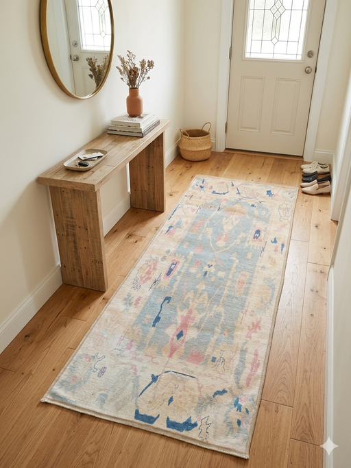 2' x 5' Runner Ivory Blue Distressed Tribal Modern Washable Area Rug placed in a bright entryway with a natural wood bench and round wall mirror.