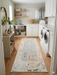 2' x 5' Runner Ivory Blue Distressed Tribal Modern Washable Area Rug styled in a clean laundry room with white cabinetry and front-loading washer and dryer.