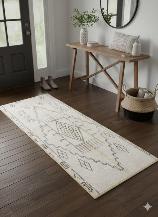 2' x 5' Runner Ivory Gray Tribal Geometric Southwestern Area Rug styled in a modern entryway with a wood console table and neutral décor.