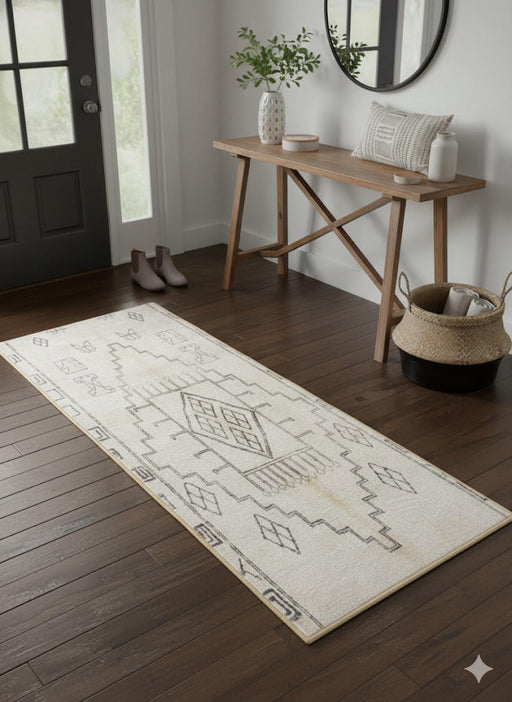 2' x 5' Runner Ivory Gray Tribal Geometric Southwestern Area Rug styled in a modern entryway with a wood console table and neutral décor.