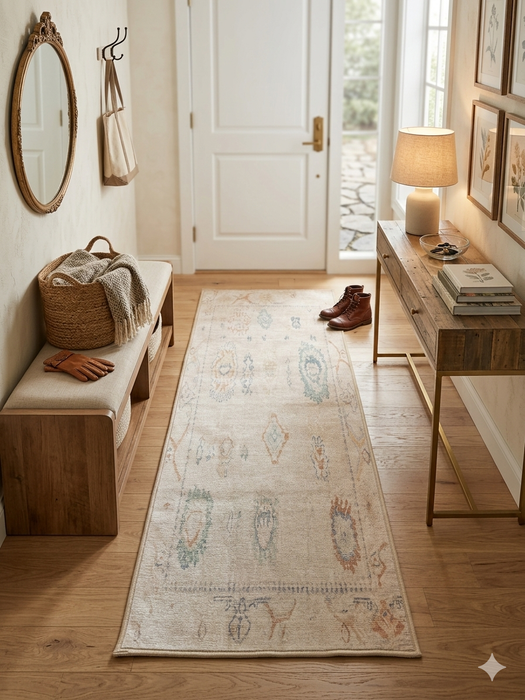 2' x 5' Runner Ivory & Multicolor Distressed Tribal Modern Washable Area Rug styled in a bright entryway beside a wooden bench and console table.