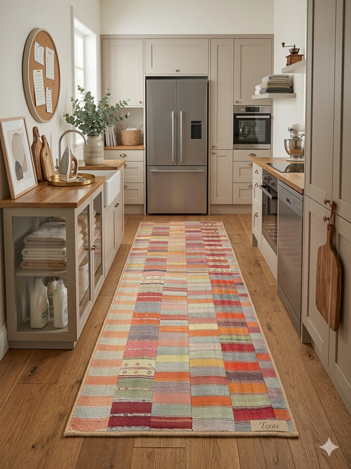 2' x 5' Runner Multi-Color Patchwork Striped Bohemian Area Rug styled in a kitchen.