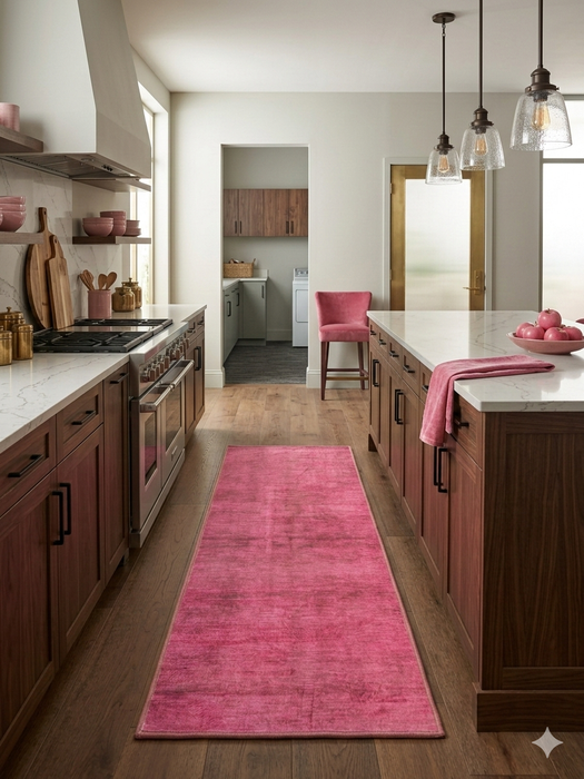 2' x 5' Runner Pink Distressed Modern Contemporary Area Rug displayed in a modern kitchen runner layout along the island.