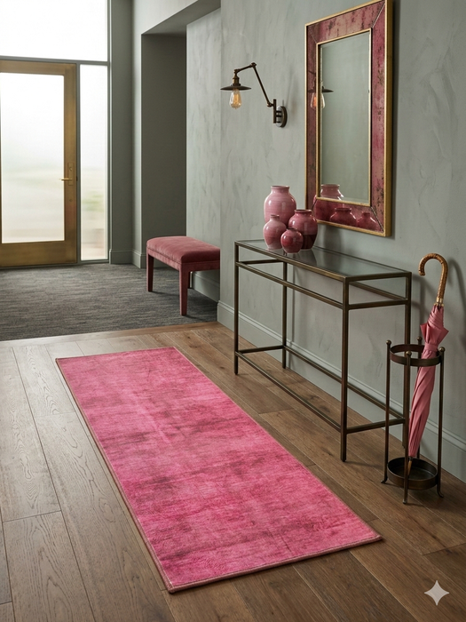 2' x 5' Runner Pink Distressed Modern Contemporary Area Rug styled in an entryway hallway with console table and pink accents.