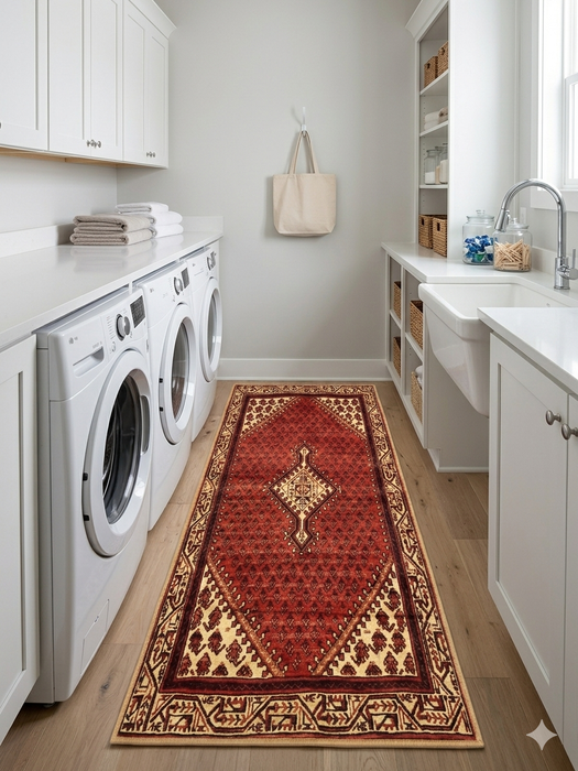 2' x 5' Runner Red & Ivory Tribal Geometric Medallion Traditional Washable Area Rug styled in a laundry room with washer and dryer.