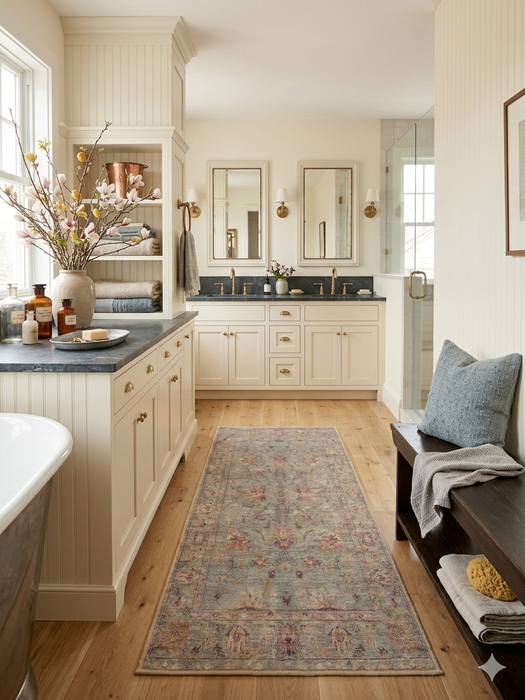 2' x 5' Runner Sage Green & Blush Floral Traditional Washable Area Rug styled in a bathroom with double vanities, warm finishes, and spa-inspired accents.
