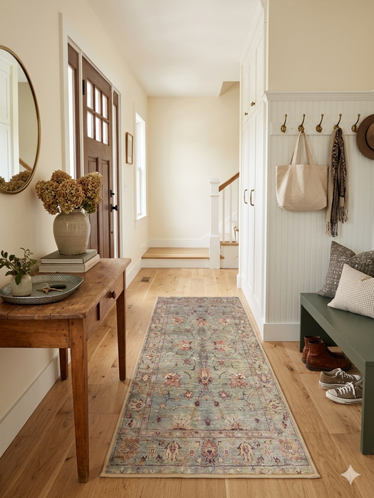 2' x 5' Runner Sage Green & Blush Floral Traditional Washable Area Rug styled in an entryway with a wooden console table, bench seating, and neutral decor.