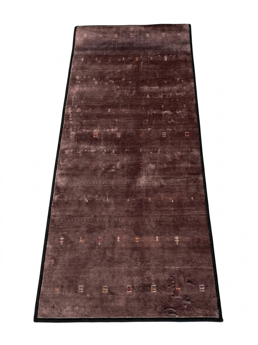 2' x 5' rectangular brown & rust geometric minimalist modern area rug isolated on a white background.