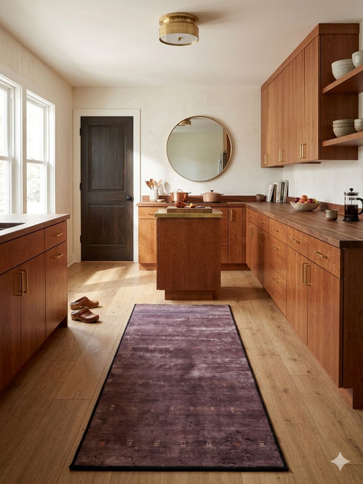 2' x 5' rectangular brown & rust geometric minimalist modern area rug placed in a kitchen with warm wood cabinetry and natural light.
