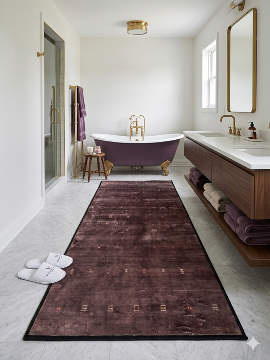 2' x 5' rectangular brown & rust geometric minimalist modern area rug styled in a bathroom with a freestanding tub and double vanity.