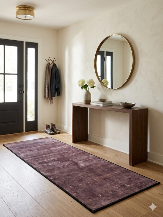 2' x 5' rectangular brown & rust geometric minimalist modern area rug styled in an entryway with a wooden console table and round mirror.
