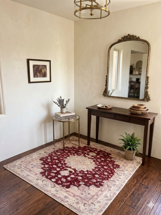 5' x 5' Square Red Ivory Medallion Vintage Area Rug