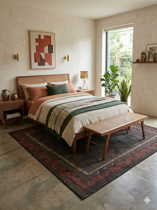 5' x 7' Rectangular Charcoal & Red Minimalist Tribal Border Modern Area Rug styled in a bedroom with a wooden bed frame and neutral decor.