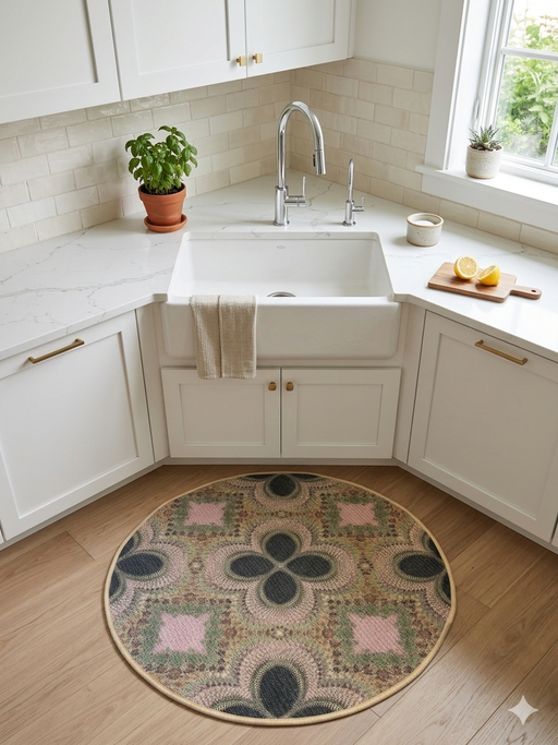 3' Round Pink Green Geometric Bohemian Washable Area Rug styled in a bright kitchen beneath a farmhouse sink with white cabinetry and warm wood flooring.