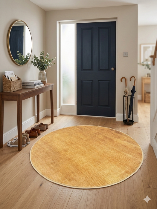 3' Round Yellow Gold Solid Minimalist Modern Area Rug placed in a bright entryway with wooden console table and décor accents.