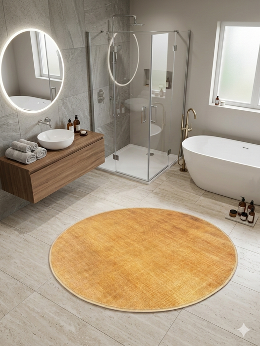 3' Round Yellow Gold Solid Minimalist Modern Area Rug styled in a contemporary bathroom with freestanding tub and glass shower.