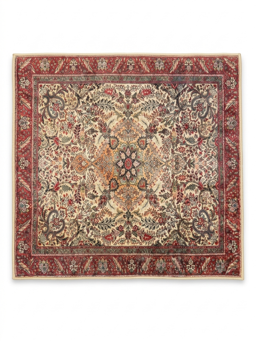 5' x 7' Rectangular Red & Blue Tribal Geometric Medallion Traditional Area Rug styled in a home office with a desk and rolling chair.