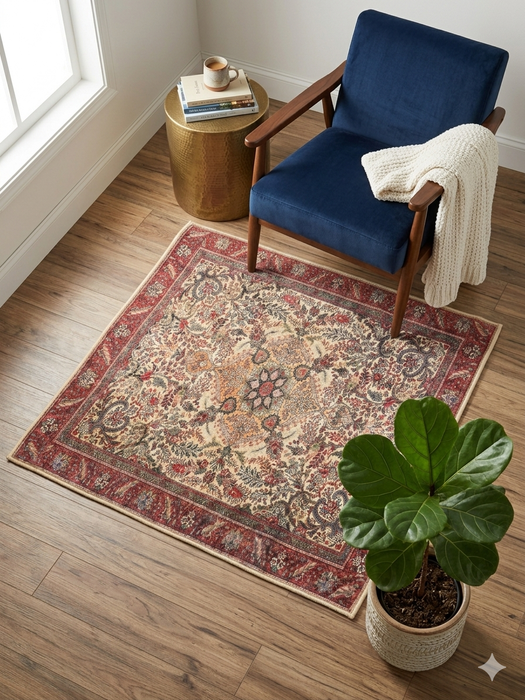 3' x 3' Square Ivory & Red Floral Medallion Traditional Area Rug styled in a cozy corner with an accent chair and side table.