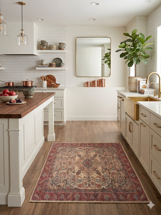 3' x 3' Square Ivory & Red Floral Medallion Traditional Area Rug styled in a kitchen with cabinetry and warm neutral finishes.