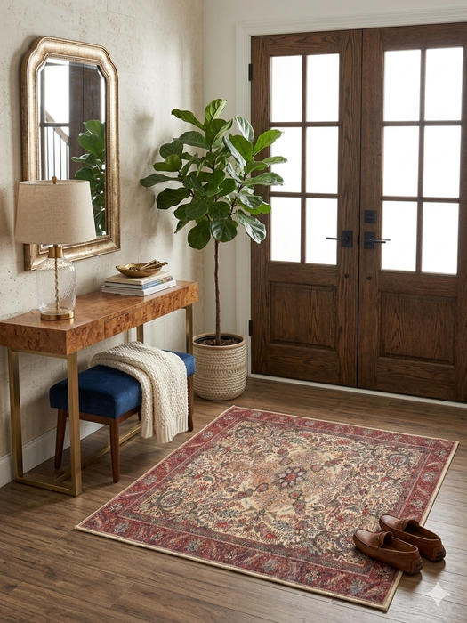3' x 3' Square Ivory & Red Floral Medallion Traditional Area Rug styled in an entryway with a console table and wall mirror.