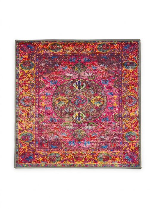 3' x 3' Square Pink & Multicolor Distressed Medallion Bohemian Washable Area Rug displayed on a plain background.