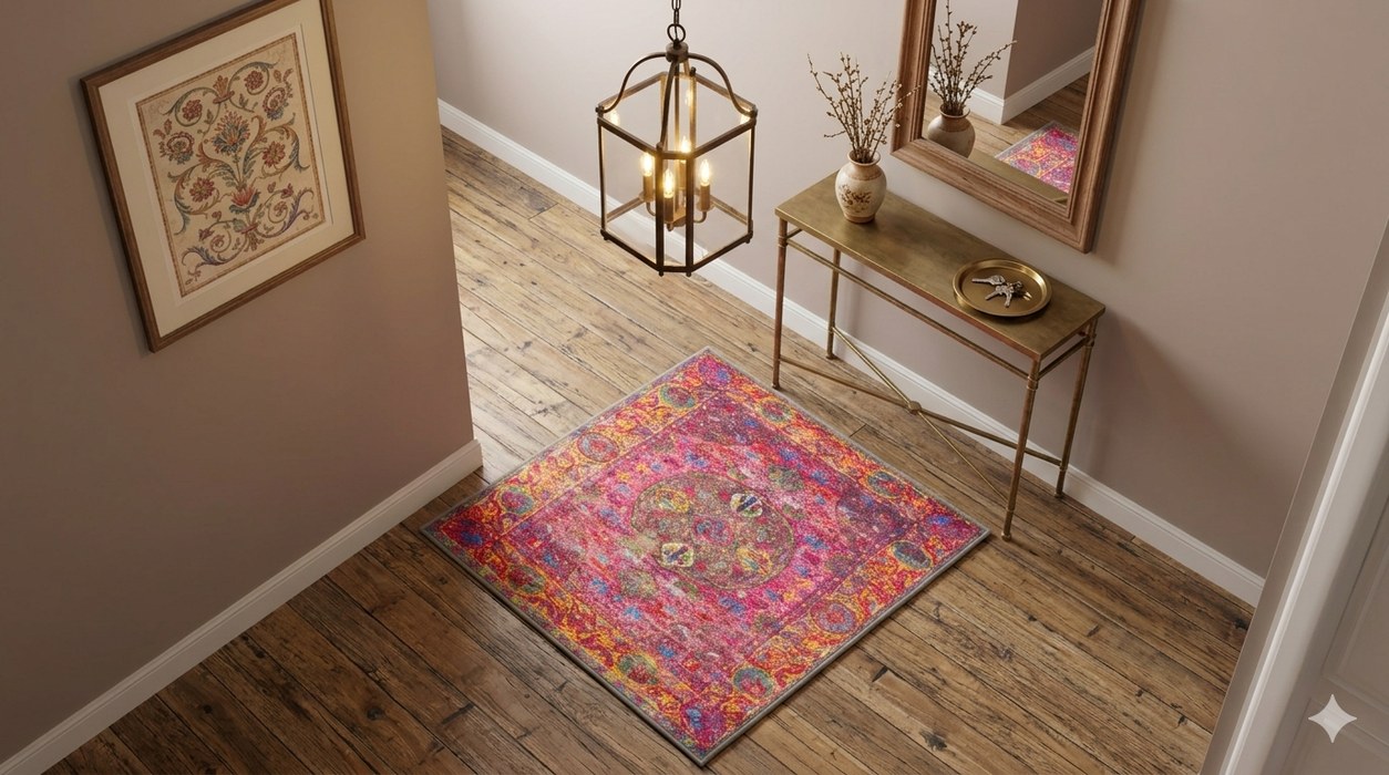3' x 3' Square Pink & Multicolor Distressed Medallion Bohemian Washable Area Rug placed in a stylish entryway beneath a brass console table.