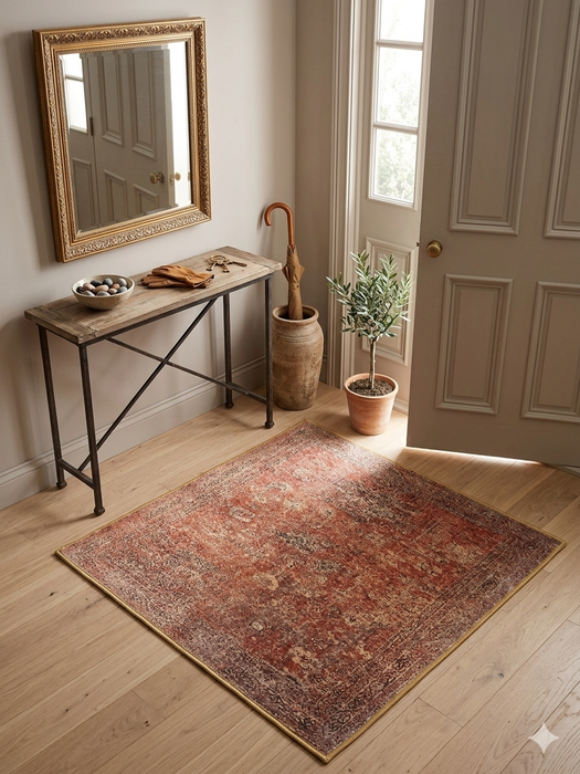 3' x 3' Square Rust & Ivory Distressed Oriental Vintage Area Rug styled in a welcoming entryway.