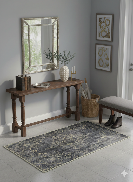 3' x 5' Rectangle Gray Ivory Floral Traditional Area Rug styled in an entryway.