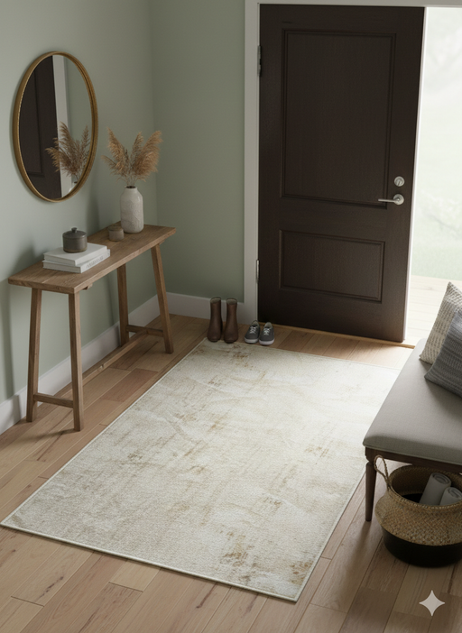 3' x 5' Rectangle Ivory & Light Gray Distressed Traditional Washable Area Rug placed in a modern entryway with a wooden console table, round mirror, and dark wood front door.