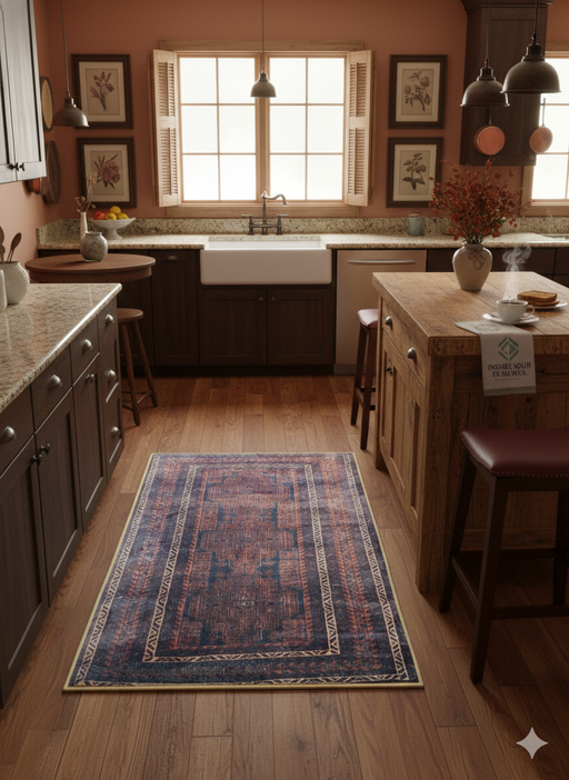 3' x 5' Rectangle Navy Blue Rust Distressed Geometric Vintage Area Rug  placed in kitchen area.