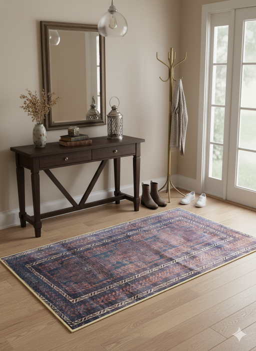 3' x 5' Rectangle Navy Blue Rust Distressed Geometric Vintage Area Rug  styled in an entryway.