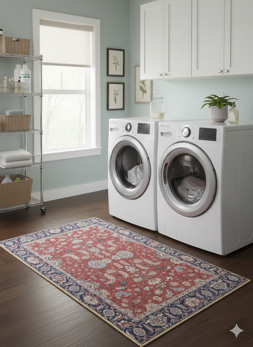 3' x 5' Rectangle Rust Red & Navy Blue Floral Medallion Traditional Area Rug placed in a bright laundry room setting.