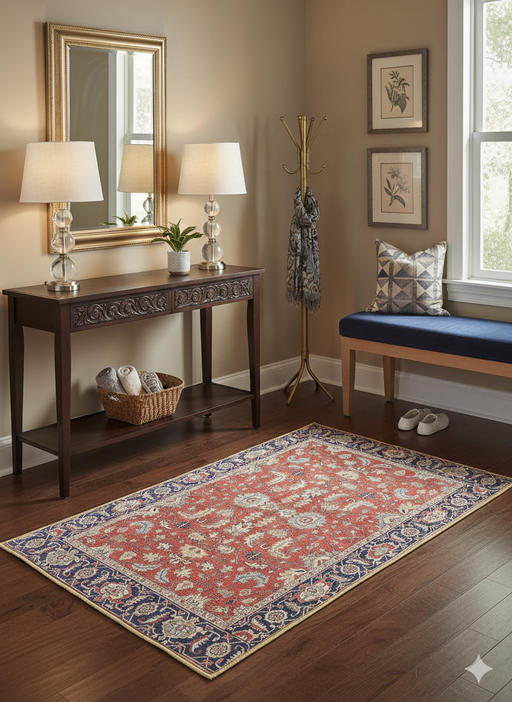 3' x 5' Rectangle Rust Red & Navy Blue Floral Medallion Traditional Area Rug placed in a welcoming entryway with wood floors and console table.