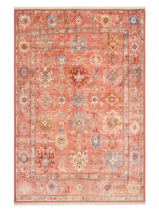 3' x 5' Rectangular Coral & Multicolor Floral Medallion Vintage Traditional Area Rug isolated on a white background.