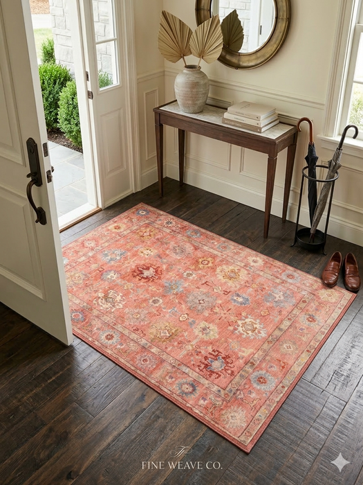 3' x 5' Rectangular Coral & Multicolor Floral Medallion Vintage Traditional Area Rug styled in a bright entryway.