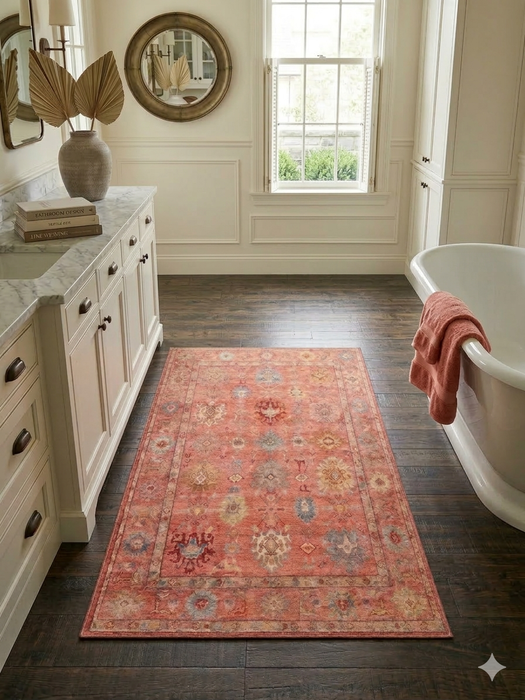 3' x 5' Rectangular Coral & Multicolor Floral Medallion Vintage Traditional Area Rug styled in a classic bathroom.
