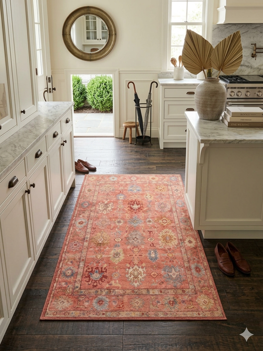 3' x 5' Rectangular Coral & Multicolor Floral Medallion Vintage Traditional Area Rug styled in a traditional kitchen.
