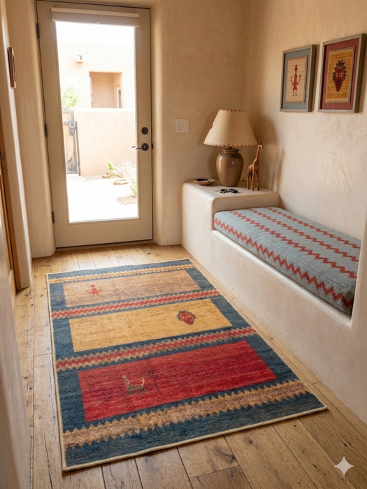 3' x 5' Rectangular Gold & Red Geometric Southwestern Area Rug placed in a warm entryway with adobe-inspired décor.