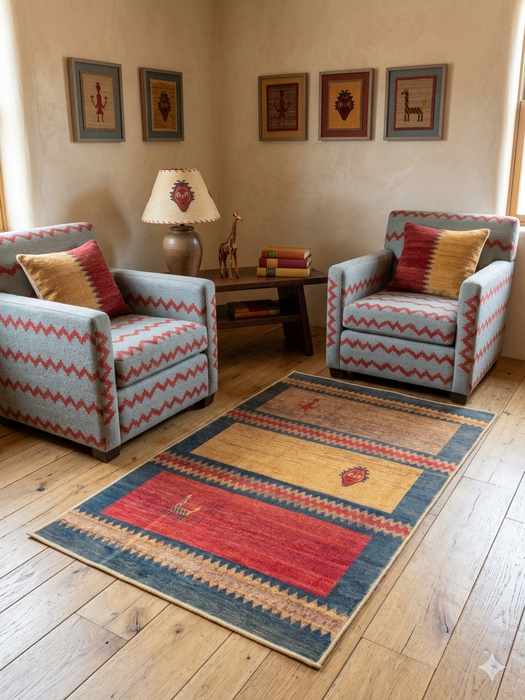 3' x 5' Rectangular Gold & Red Geometric Southwestern Area Rug styled in a cozy Southwestern sitting area.