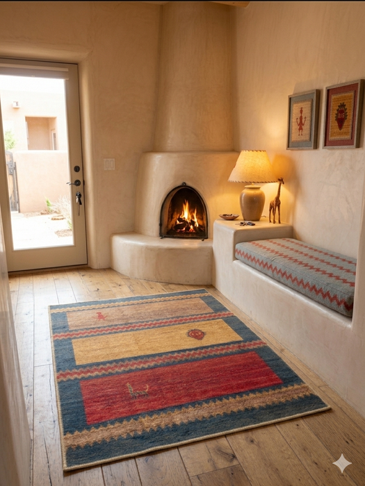 3' x 5' Rectangular Gold & Red Geometric Southwestern Area Rug styled in a rustic hallway with a corner fireplace.