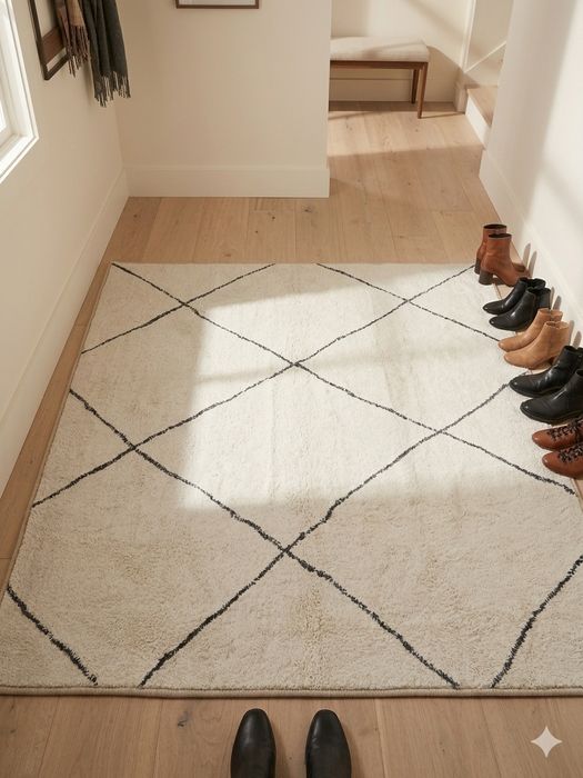 3' x 5' Rectangular Ivory & Charcoal Geometric Modern Area Rug styled in an entryway with light wood flooring and neutral decor.