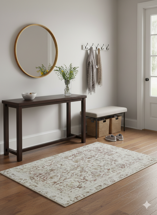 3' x 5' Rectangular Ivory Taupe Distressed Medallion Traditional Area Rug styled in an entryway.
