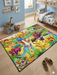 3' x 5' Rectangular Multicolor Dinosaur Jungle Kids Novelty Washable Area Rug placed in a playful kids bedroom with a bunk bed, dinosaur toys, and colorful wall art.