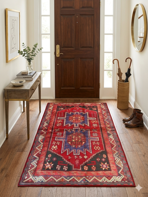 3' x 5' Rectangular Red & Blue Tribal Geometric Southwestern Washable Area Rug placed in a bright entryway with a wooden console table and round wall mirror.