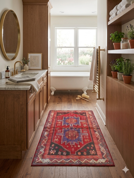 3' x 5' Rectangular Red & Blue Tribal Geometric Southwestern Washable Area Rug placed in a rustic bathroom with wood cabinetry and a freestanding clawfoot tub.
