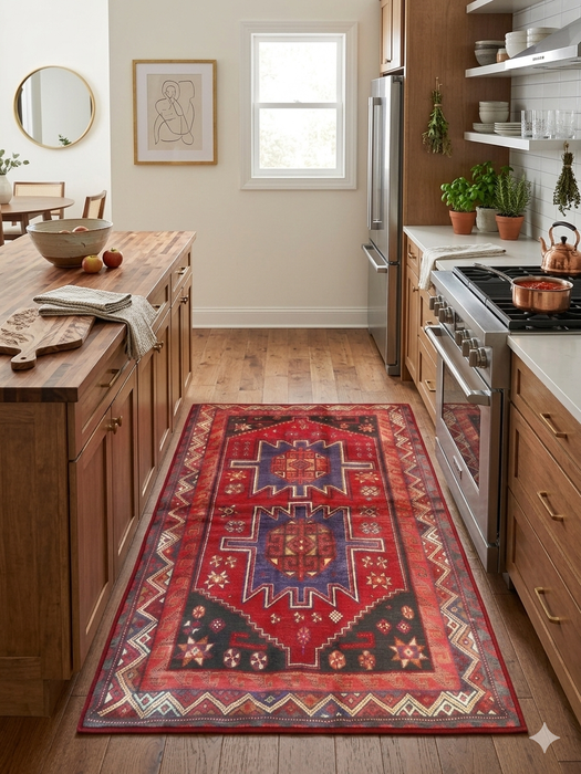 3' x 5' Rectangular Red & Blue Tribal Geometric Southwestern Washable Area Rug styled in a warm kitchen between natural wood cabinets and a large island.