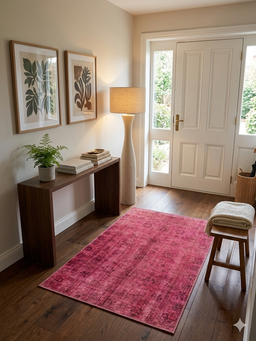 3' x 5' Rectangular Rose Pink & Burgundy Distressed Vintage Area Rug styled in an entryway with wood flooring and minimal decor.