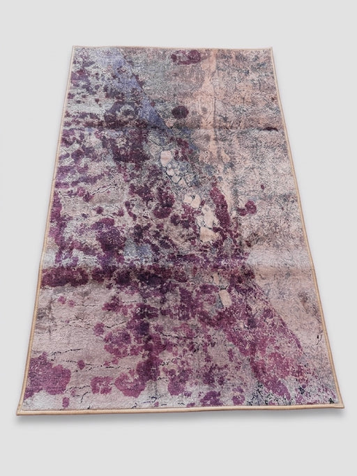 3' x 5' rectangular gray & purple abstract watercolor modern area rug isolated on a white background.