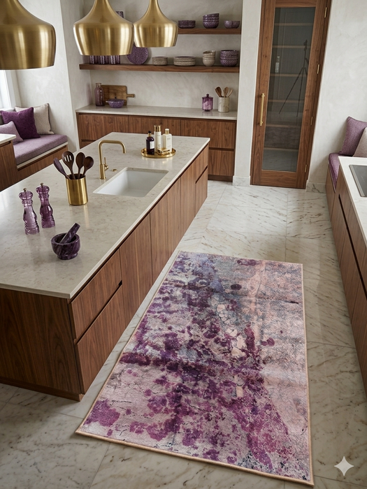 3' x 5' rectangular gray & purple abstract watercolor modern area rug placed in a contemporary kitchen with warm wood cabinetry and brass pendant lighting.