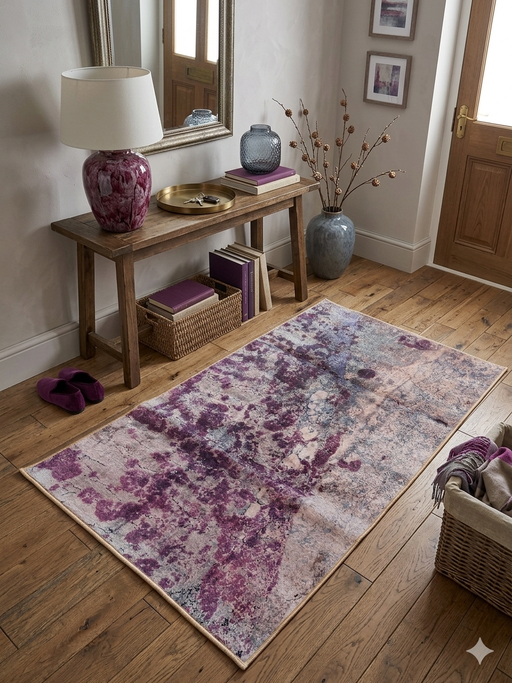 3' x 5' rectangular gray & purple abstract watercolor modern area rug placed in a stylish entryway with a wooden console table and decorative accents.
